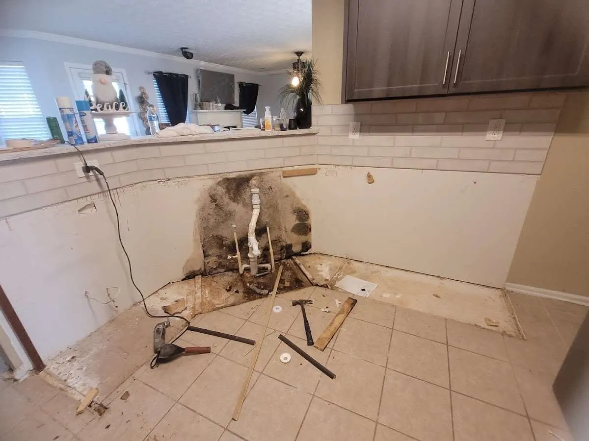 Mold behind wall with plumbing during Flood Damage Cleanup in Sweden